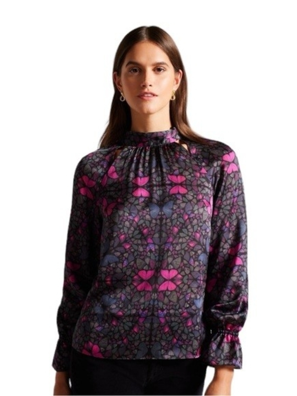 Ted Baker NWT Pink & Purple Mosaic-Print High Neck Blouse 1/XS